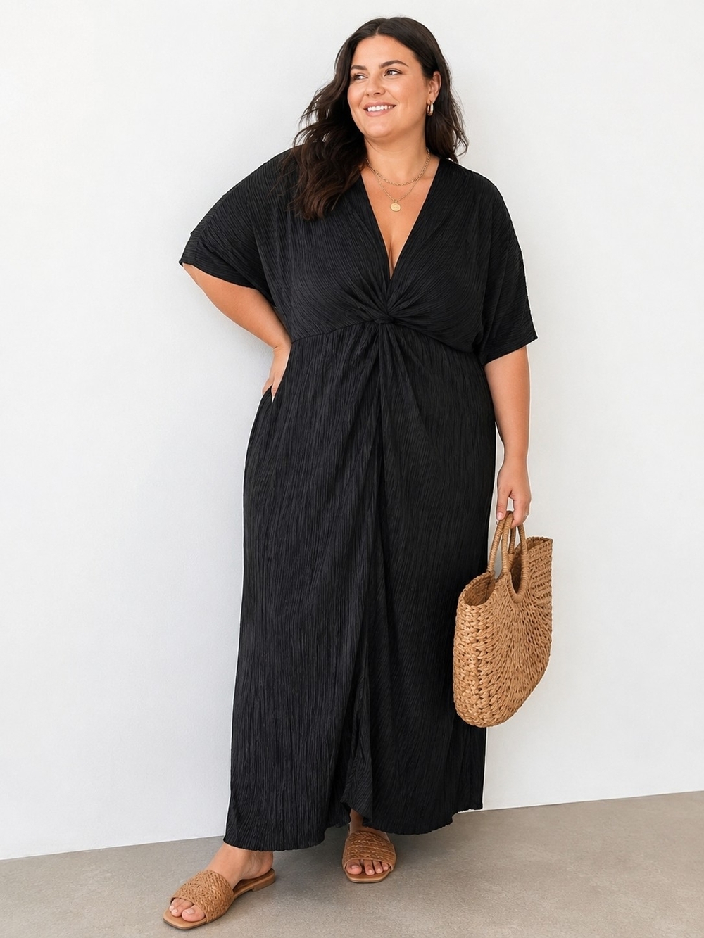 All In Favor NWT XXL Black Pleated Twist Front Maxi Dress Plus Size Textured